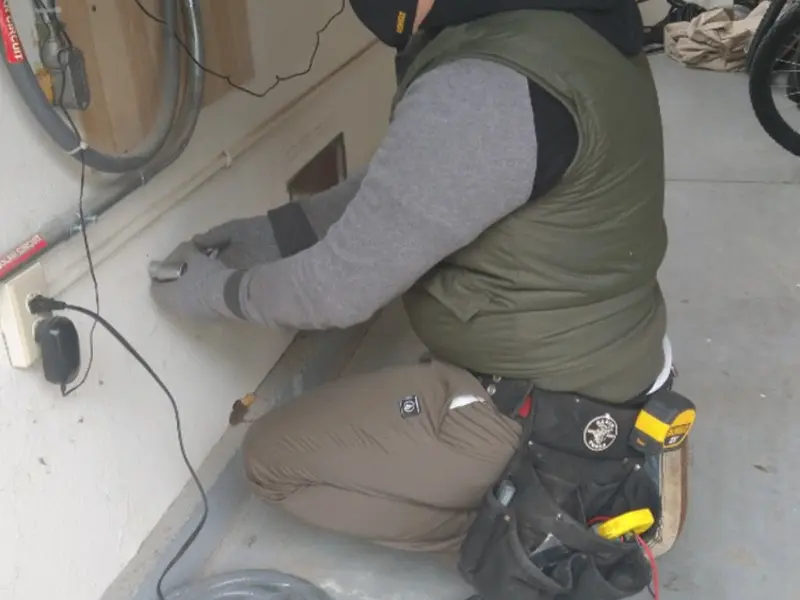 Electrician performing outlet wiring in a Norwalk garage